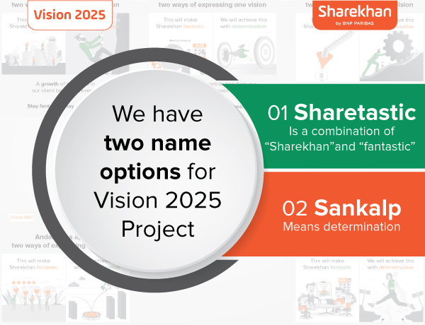 We have two name options for Vision 2025 Project Sharetastic: Is a combination of “Sharekhan” and “fantastic” Sankalp: Means determination 